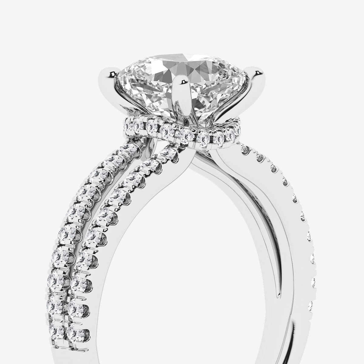 Additional Image 2 for  3 ctw Cushion Lab Grown Diamond Old Mine Cut Split Shank Hidden Halo Engagement Ring
